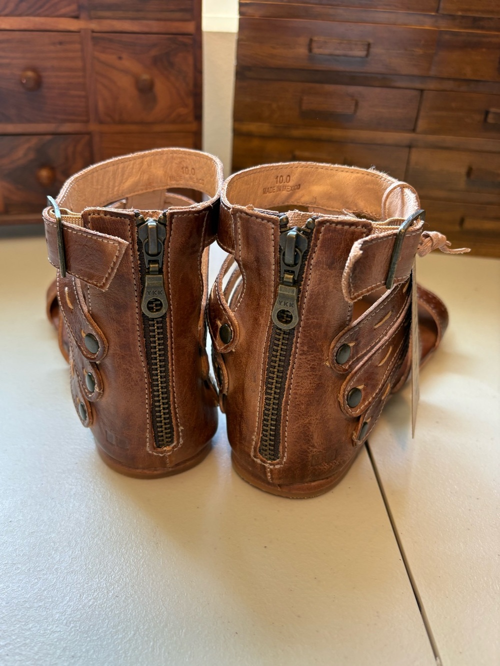 Bed|Stü Artemis strappy leather back-zip sandals NWT cognac size 10 - Picture 4 of 9